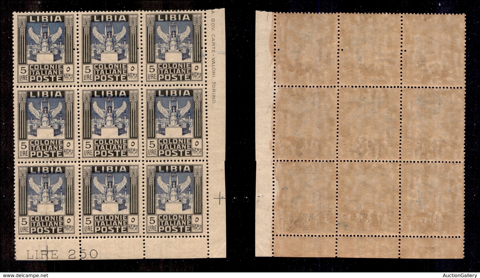 0636 COLONIE - LIBIA - 1921 - Blocco Di Nove Del 5 Lire Pittorica (31) Angolo Di Foglio Con I Tre Esemplari Superiori De - Autres & Non Classés