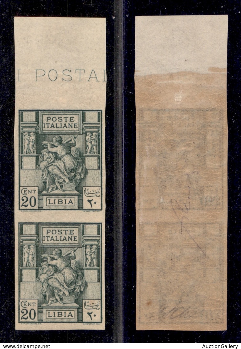 0640 COLONIE - LIBIA - 1924 - Coppia Del 20 Cent Sibilla (40b) Non Dentellata - Nuova Con Gomma - Cert. Oliva + Cert. AG - Autres & Non Classés