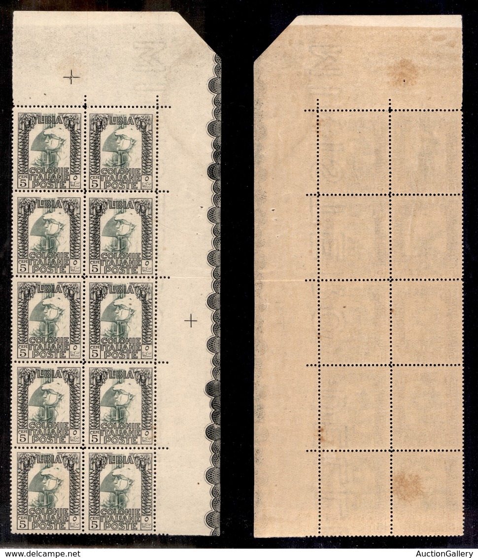 0644 COLONIE - LIBIA - 1924/1929 - Blocco Di Dieci Del 5 Cent Pittorica (46/46zg) Con Esemplari Su Bordo Di Foglio Con F - Other & Unclassified