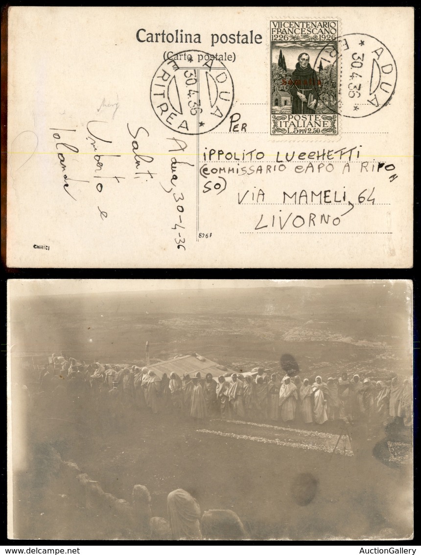 0718 COLONIE - SOMALIA - Cartolina Fotografica Affrancata Con Il 5 Lire S.Francesco (85) Da Adua A Livorno Del 30.4.36 - Andere & Zonder Classificatie