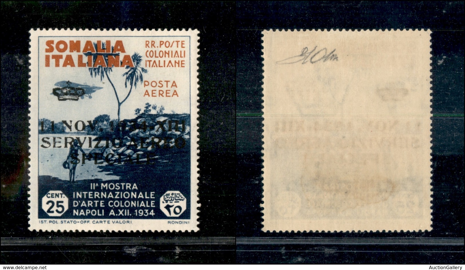 0733 COLONIE - SOMALIA - 1934 - Servizio Aereo Speciale - 25 Cent (2-Servizio Aereo) - Gomma Integra - Cert. Oliva (6.50 - Otros & Sin Clasificación