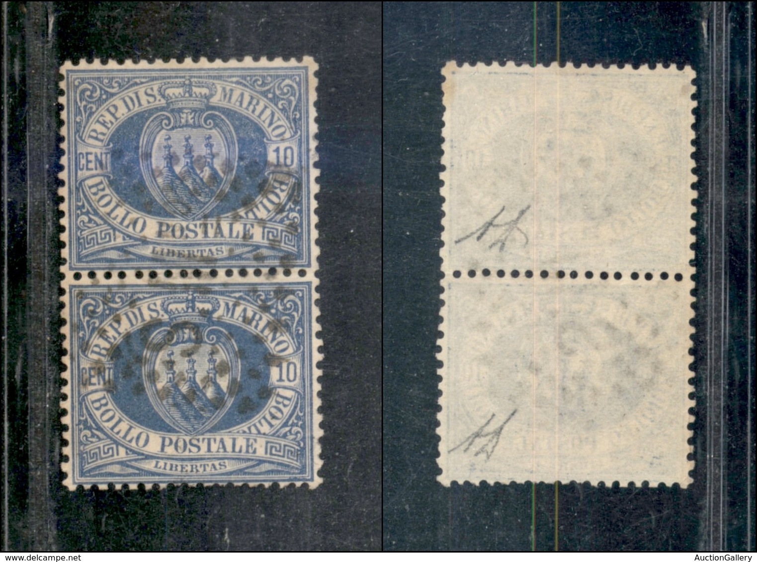 0778 SAN MARINO - 1877 - Coppia Verticale Del 10 Cent (3) - Ben Centrata (600+) - Other & Unclassified