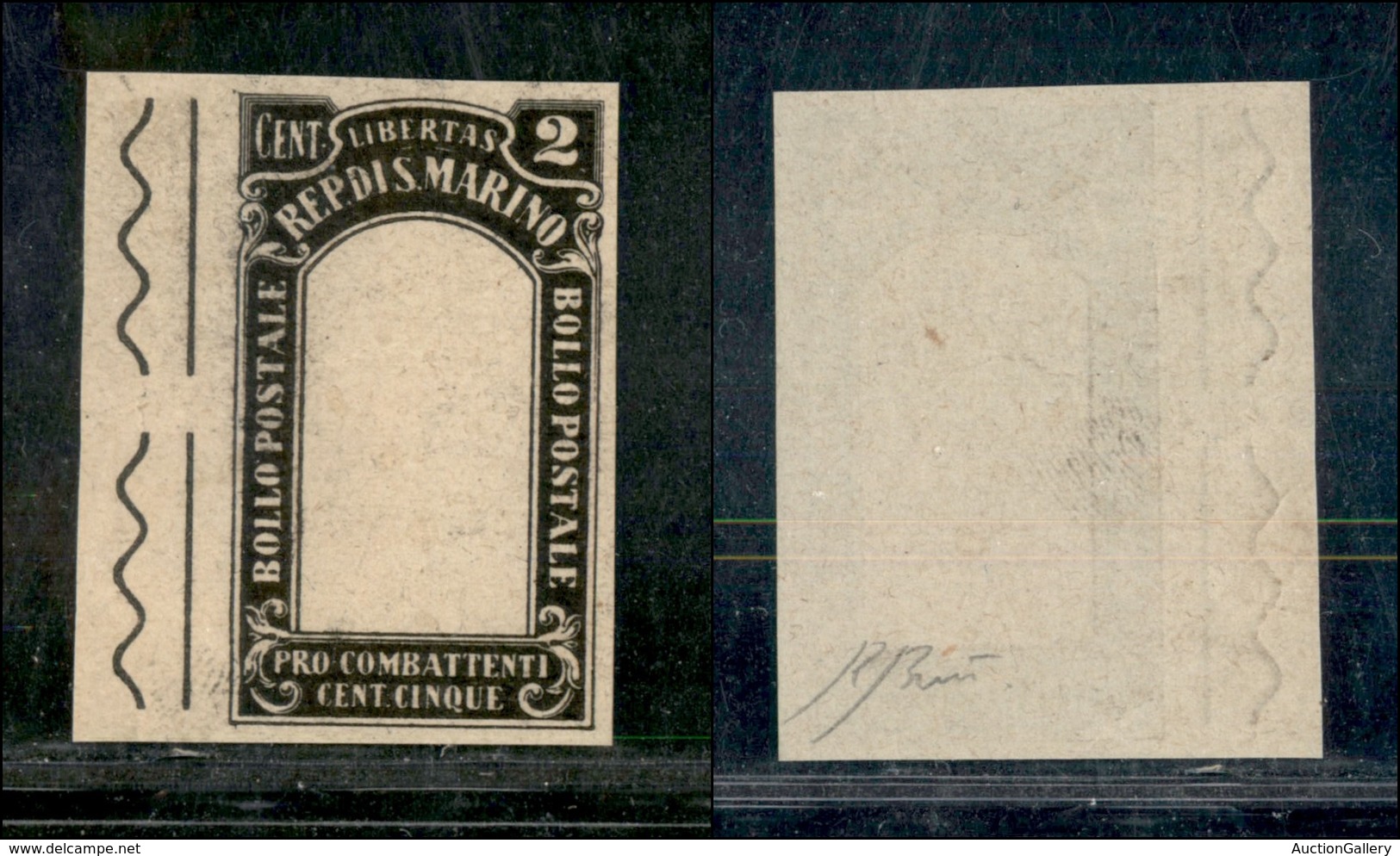 0792 SAN MARINO - 1918 - Prova Di Stampa In Nero Della Cornice Del 2 + 5 Cent (54) - Senza Gomma - Cert. AG - Autres & Non Classés