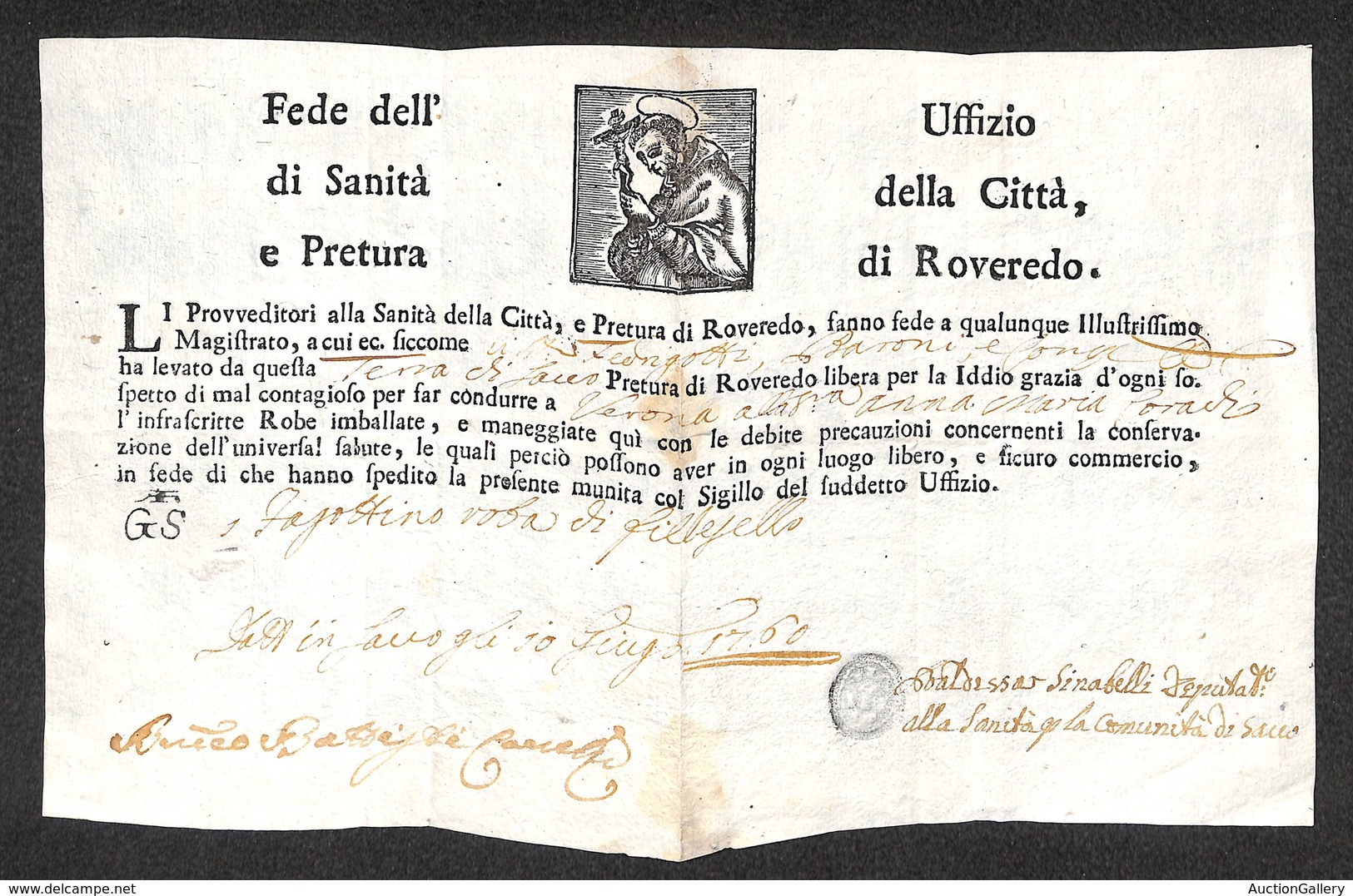 0863 PREFILATELICHE - Sacco 10 Giugno 1760 - Fede Di Sanità Della Città Di Rovereto A Favore Del Barone Fedrigotti Per V - Autres & Non Classés