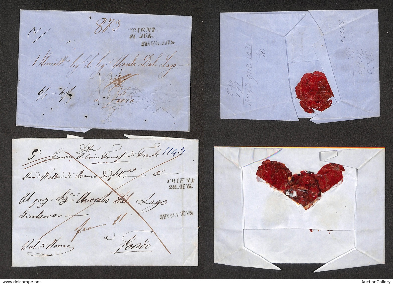 0884 AUSTRIA - 1857/1861 - Due Lettere Con Annullo “Trient 10/7 E 28/8 + Nach Angabe” Al Fronte - Autres & Non Classés
