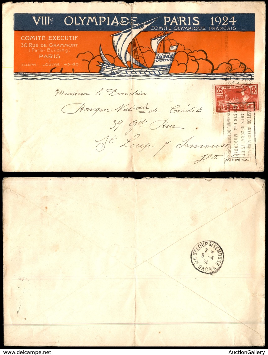 0923 FRANCIA - Parigi 1924 - VIII Olimpiade - 25 Cent (184) Su Busta Ufficiale Del Comitato Olimpico Da Parigi A St. Lou - Sonstige & Ohne Zuordnung