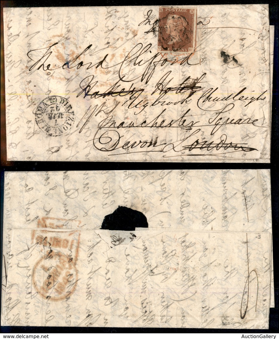 0939 GRAN BRETAGNA - Lettera Da Roma Del 7.3.1842 Per Londra E Qui Riaffrancata Con 1 Penny E Fatta Proseguire Per Devon - Other & Unclassified