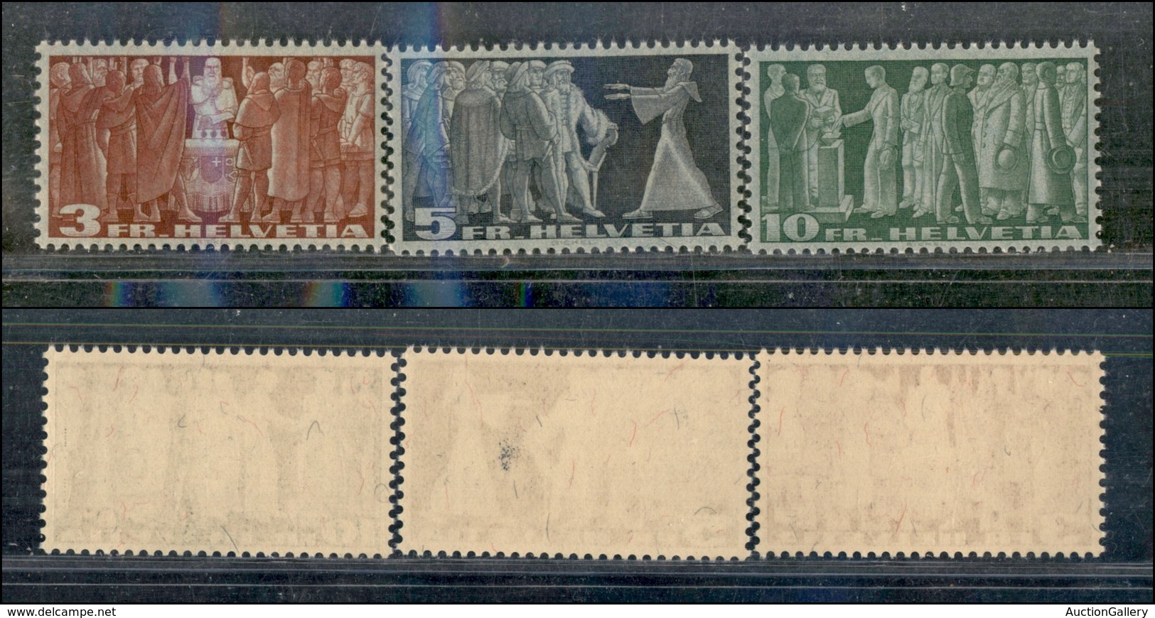 0983 SVIZZERA - 1938 - Soggetti Storici (313A/315A) Carta Verde Grigio - Serie Completa - Gomma Integra - Cert. AG (320) - Other & Unclassified