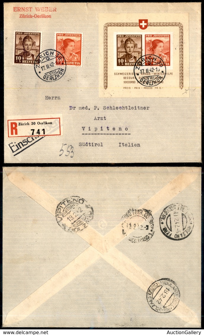 0991 SVIZZERA - Pro Juventute 1941 - Due Valori (Mich.413/414) + Foglietto (Mich.16) Su Raccomandata Da Zurigo A Vipiten - Autres & Non Classés