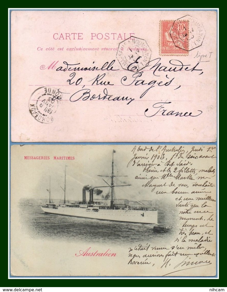 CPA Messageries Maritimes Australien Obl. Marseille A Nouméa Ligne T N° 4 De 1903 > Bordeaux - Poste Maritime