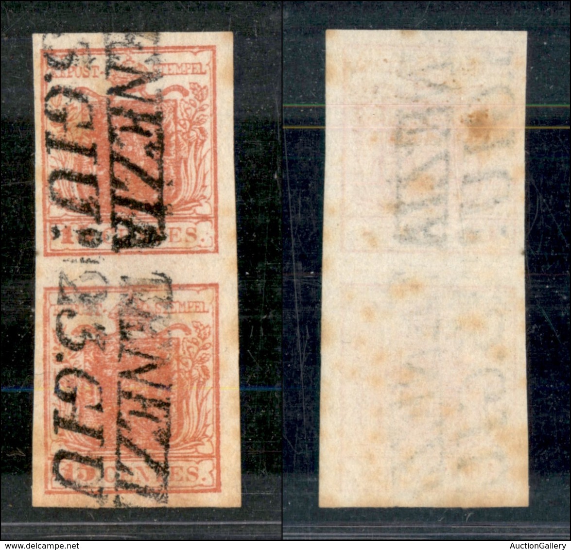 1069 ANTICHI STATI - LOMBARDO VENETO - 1852 - Coppia Verticale Del 15 Cent Rosso (6) - Venezia 23/6 - Andere & Zonder Classificatie