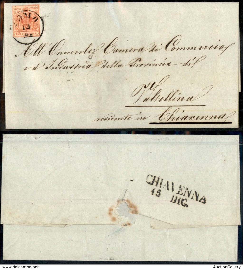 1070 ANTICHI STATI - LOMBARDO VENETO - Lilliput - 15 Cent (6) Ritagliato Nel Disegno - Lettera Da Como A Chiavenna Del 1 - Autres & Non Classés