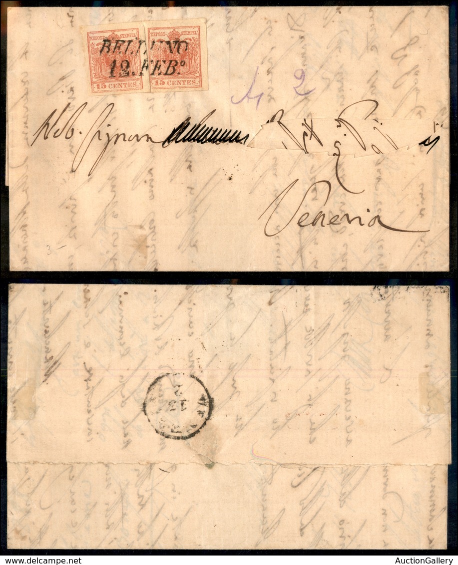 1084 ANTICHI STATI - LOMBARDO VENETO - Due 15 Cent (20) Su Lettera Da Belluno A Venezia Del 12.2.55 - Indirizzo Ritaglia - Other & Unclassified