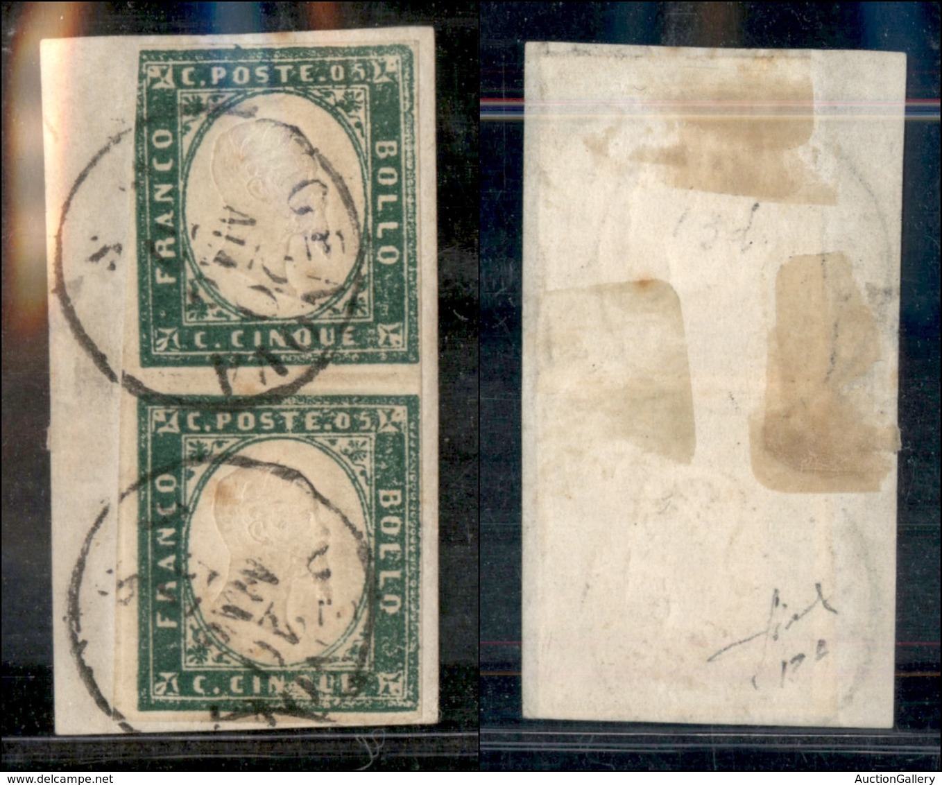 1194 ANTICHI STATI - SARDEGNA - 1855 - 5 Cent Verde Mirto Chiaro Scuro (13Aq) - Coppia Verticale Su Frammento - Appena C - Other & Unclassified