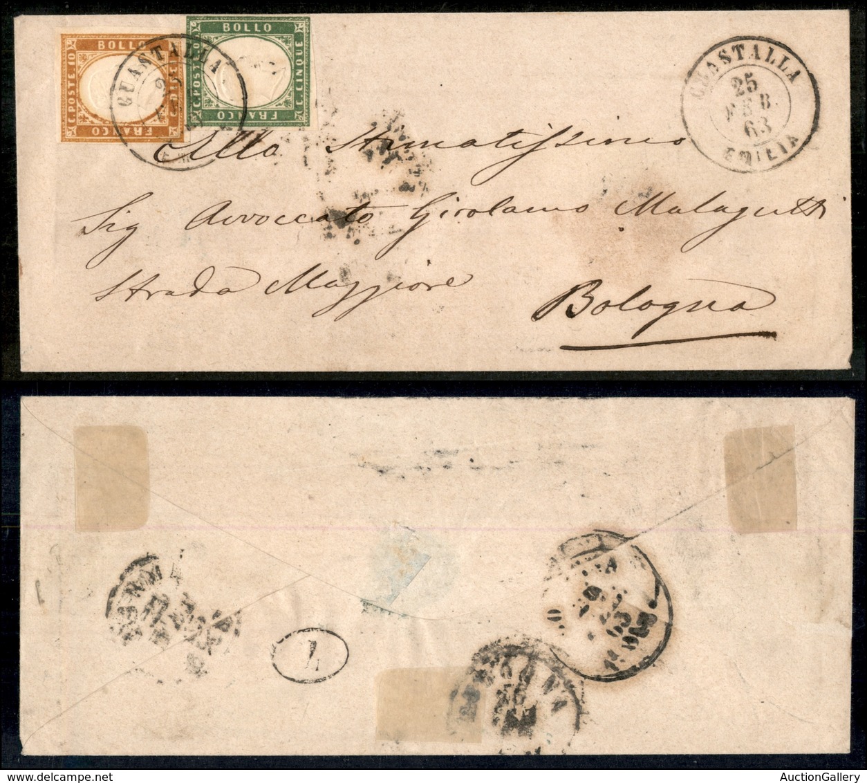 1204 ANTICHI STATI - SARDEGNA - 10 Cent (14Df) + 5 Cent (13Db-doppia Testa) - Bustina Da Guastalla A Bologna Del 25.2.63 - Other & Unclassified