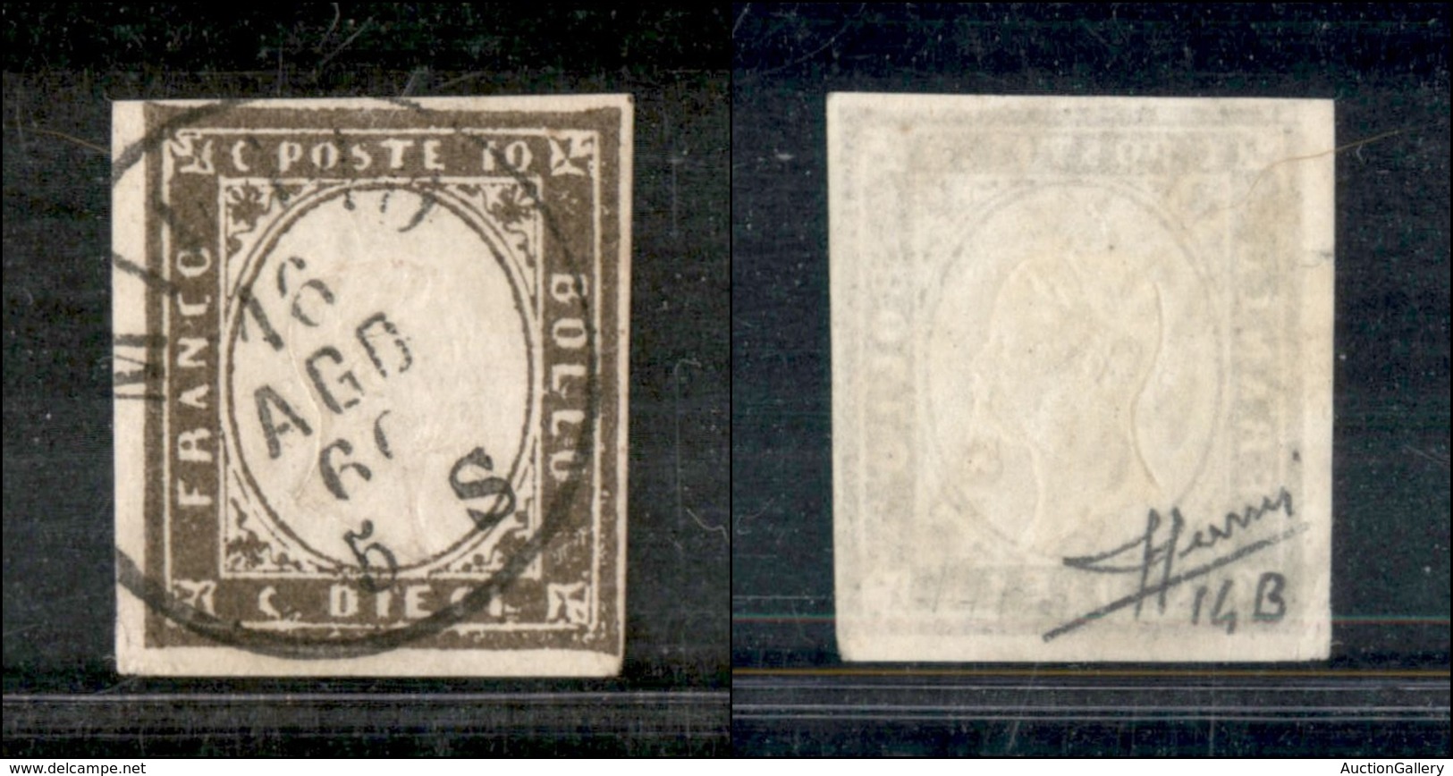 1214 ANTICHI STATI - SARDEGNA - 1860 - 10 Cent Bruno Grigio Oliva (14B) - Sorani (165) - Autres & Non Classés