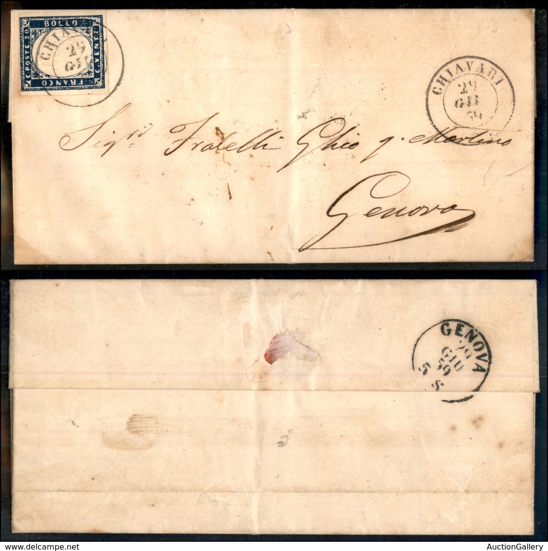 1244 ANTICHI STATI - SARDEGNA - 20 Cent (15B) Su Lettera Da Chiavari A Genova Del 29.6.59 (180) - Autres & Non Classés