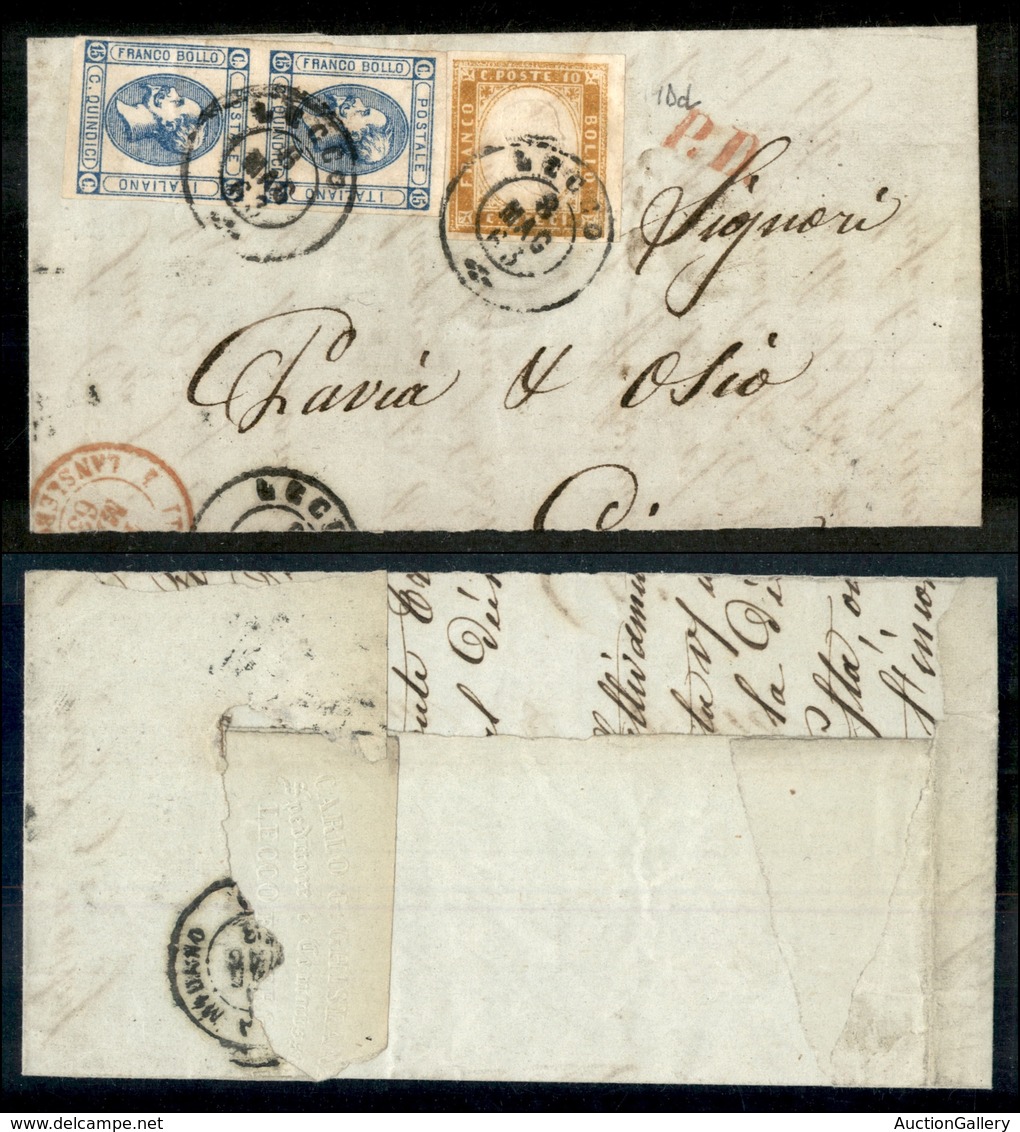 1366 REGNO - Coppia Del 15 Cent (12) + 10 Cent (14Dd-Sardegna) - Parte Di Lettera Da Lecco Per La Francia Del 8.5.63 - Autres & Non Classés