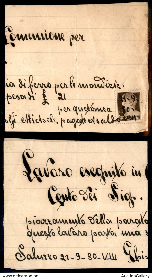 1712 REGNO - Ricevuta Su Pezzo Di Carta Con 10 Cent (245) Usato Fiscalmente - Saluzzo 21.9.30 - Autres & Non Classés