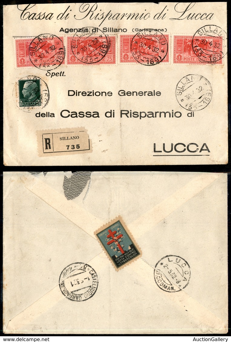 1722 REGNO - Quattro 75 Cent Garibaldi (320) + Complementare (248) - Raccomandata Da Sillano A Lucca Del 30.4.42 - Other & Unclassified