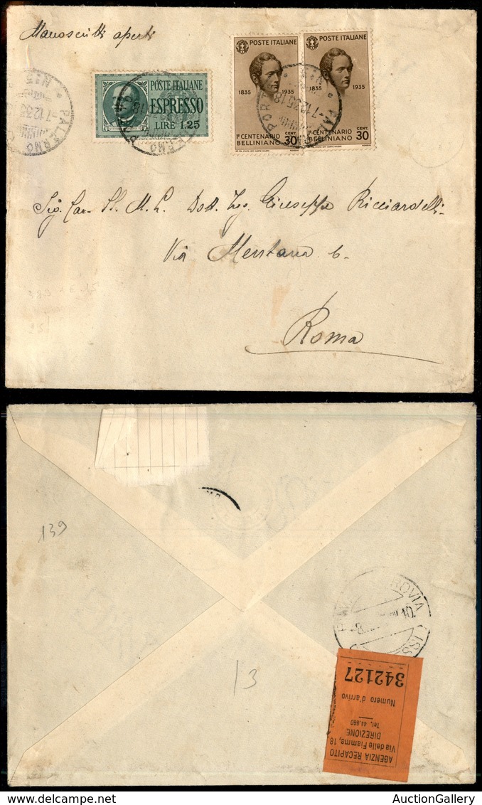 1726 REGNO - Due 30 Cent Bellini (389) + 1,25 Lire Espresso (15) - Busta Da Palermo A Roma Del 7.12.33 - Other & Unclassified