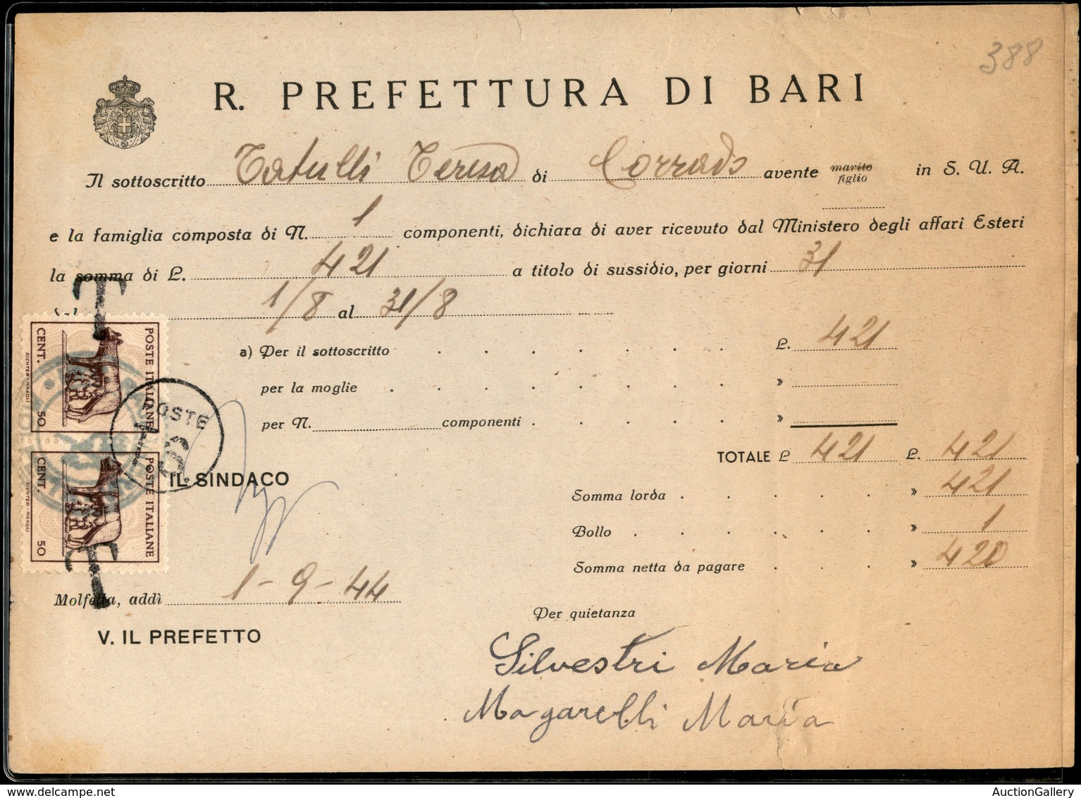 1746 LUOGOTENENZA - Coppia Del 50 Cent Lupa (515) In Uso Fiscale Su Ricevuta - Molfetta 1.9.44 - Other & Unclassified