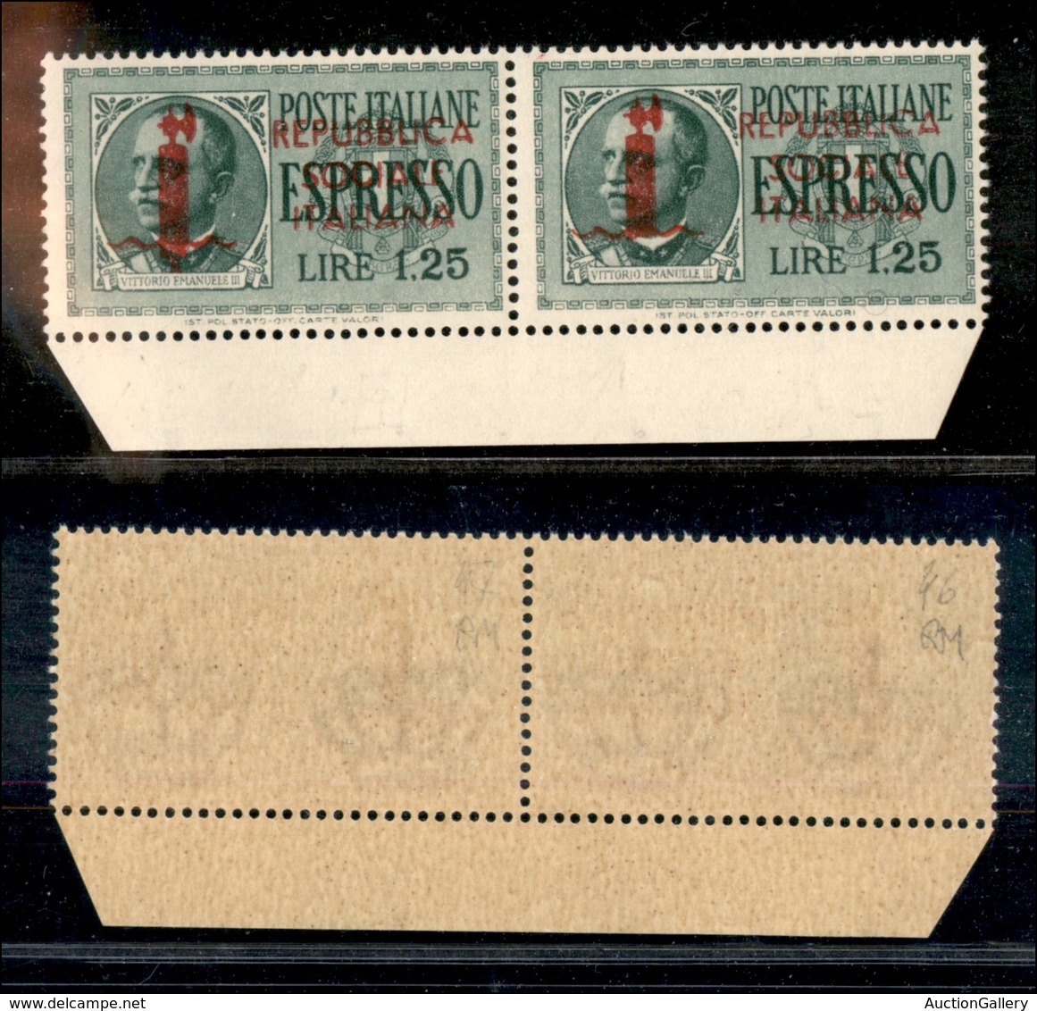 1777 REPUBBLICA SOCIALE - 1944 - Roma - 1,25 Lire Espresso (21) - Coppia Orizzontale - Pos.46/47 (fusto Rotto In Basso)  - Autres & Non Classés