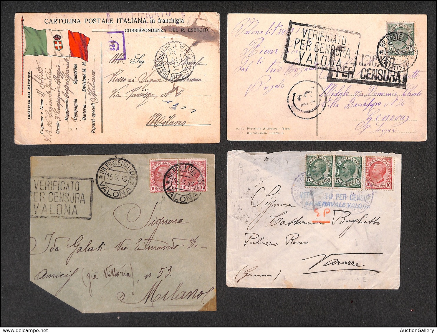 1912 UFF.POSTALI ESTERO - LEVANTE - Valona - 1915/1916 - Due Buste E Due Cartoline (una In Franchigia) - Andere & Zonder Classificatie