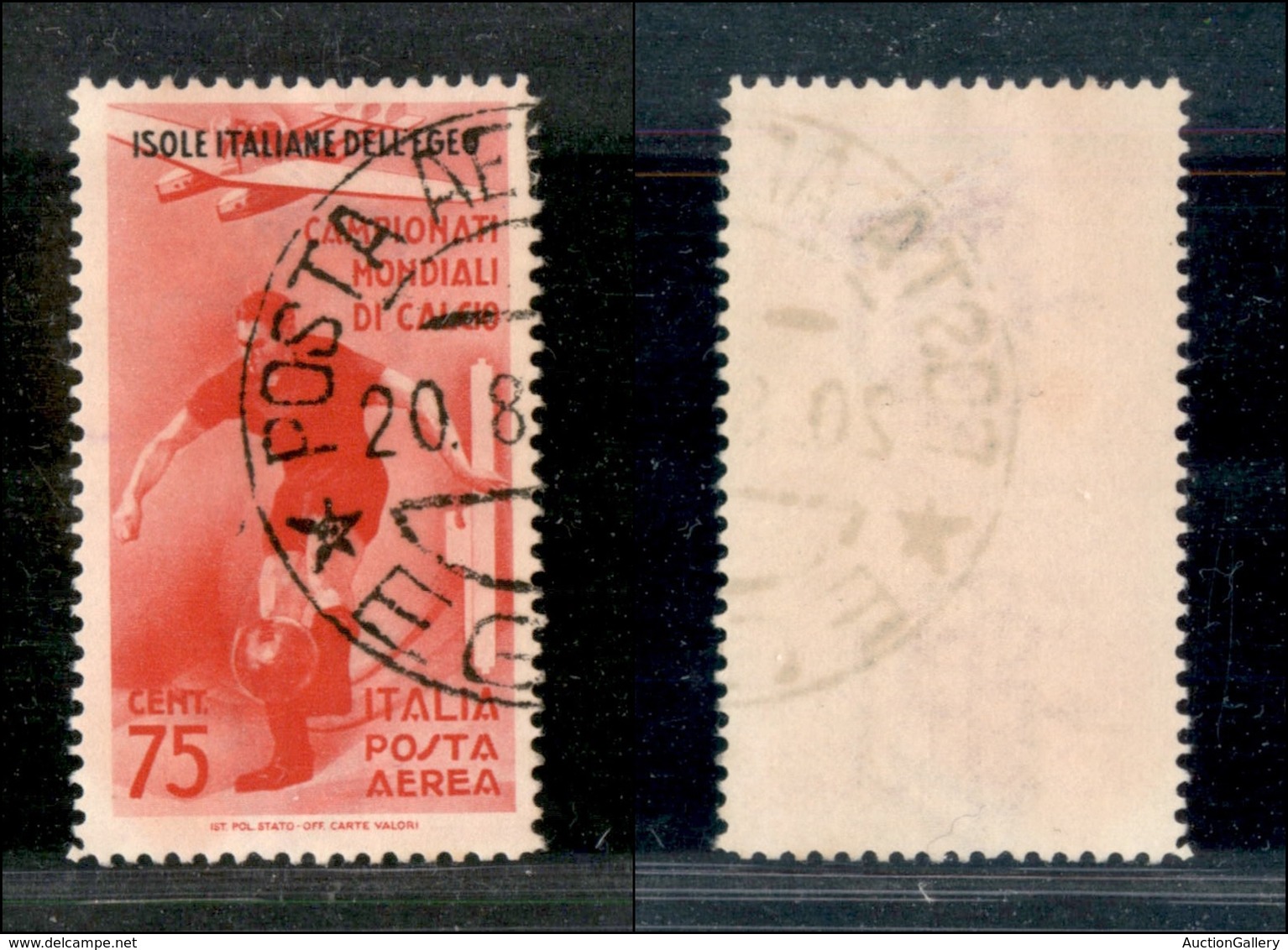 1955 COLONIE - EGEO - 1934 - 75 Cent Calcio Posta Aerea Soprastampato (A35) - Usato (100) - Autres & Non Classés