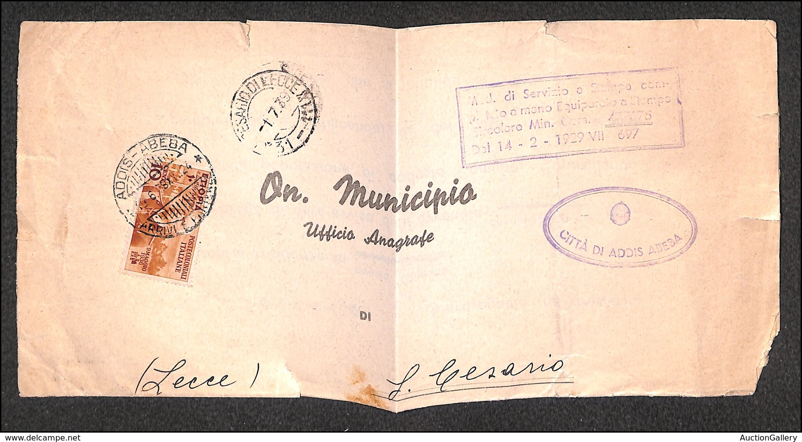 2042 COLONIE - ETIOPIA - 10 Cent (1) - Isolato Su Piego Da Addis Abeba A Lecce Del 19.6.39 - Autres & Non Classés