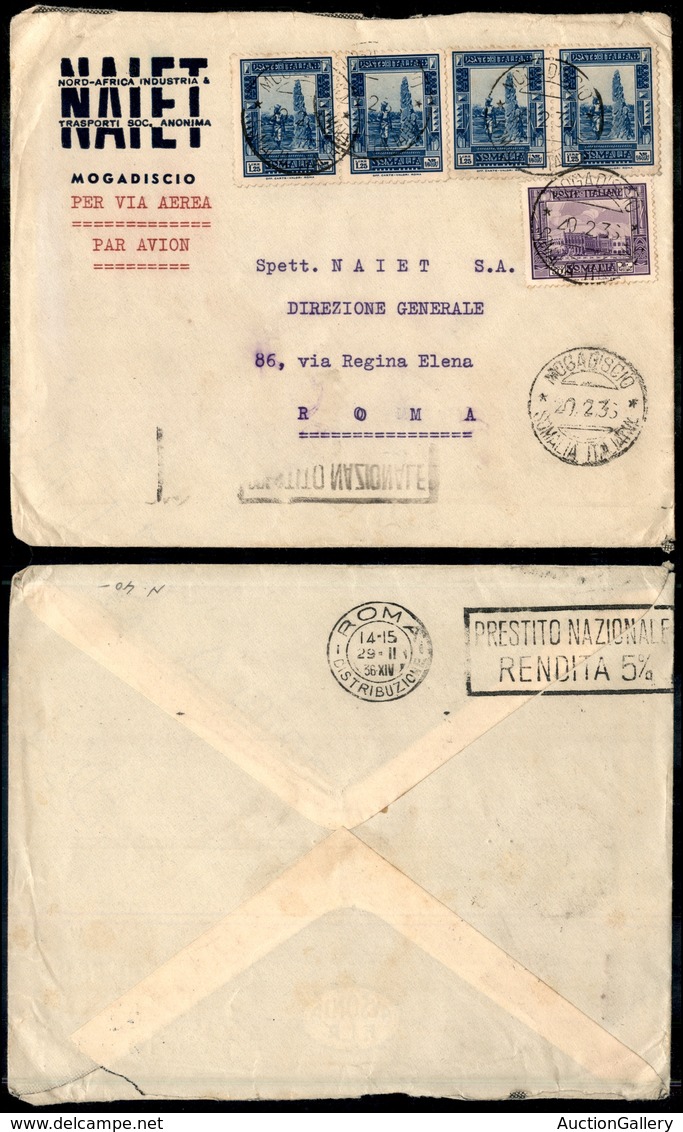 2144 COLONIE - SOMALIA - 50 Cent (221) + Due Coppie Del 1,25 Lire (223) Su Aerogramma Da Mogadiscio A Roma Del 20.2.36 - Other & Unclassified