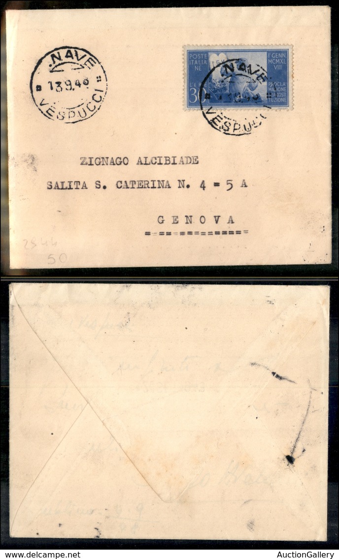 2197 REPUBBLICA  - Nave Vespucci (R. Scalpellata) - 30 Lire Costituzione (579) - Su Busta Per Genova Del 13.9.48 - Autres & Non Classés