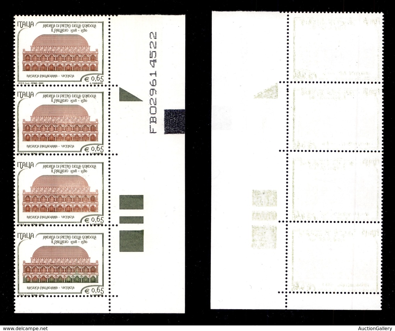 2305 REPUBBLICA  - 2008 - 65 Cent Palladio (3034) - Striscia Verticale Di Quattro - Dentellatura Su IPZS Nei Tre Inferio - Andere & Zonder Classificatie