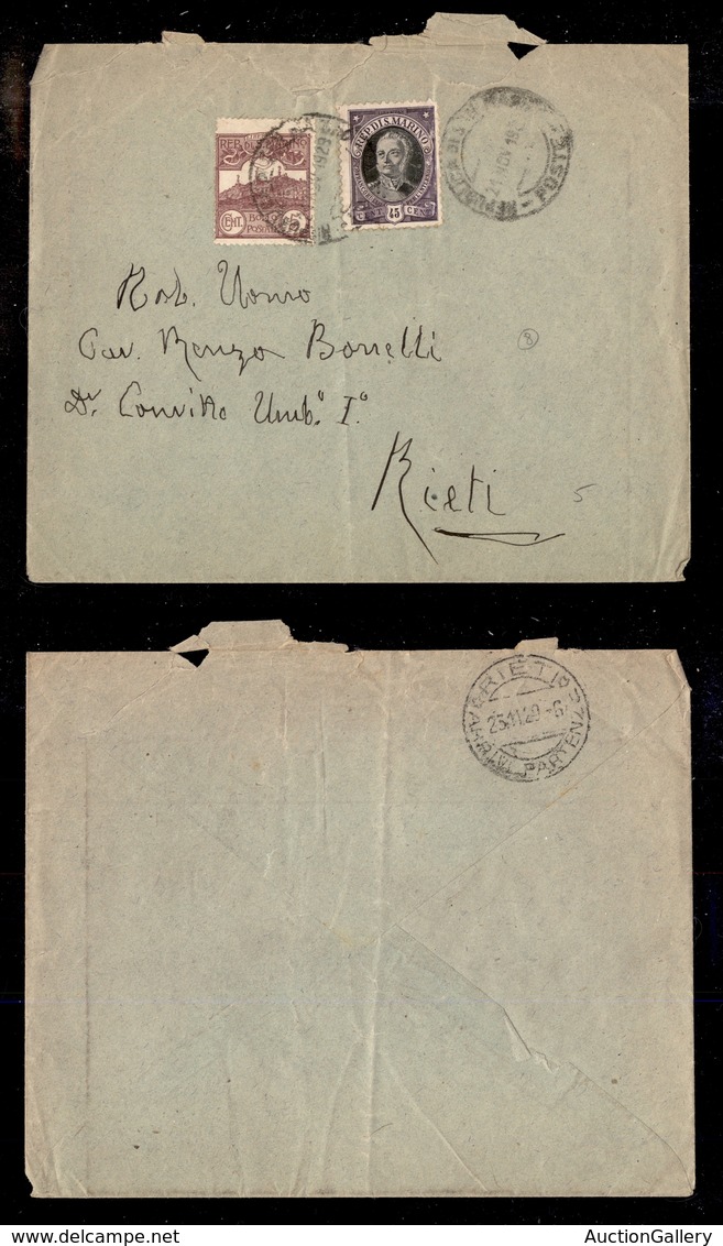 2330 SAN MARINO - 5 Cent (107) + 45 Cent (125) - Busta Per Rieti Del 21.11.29 - Autres & Non Classés