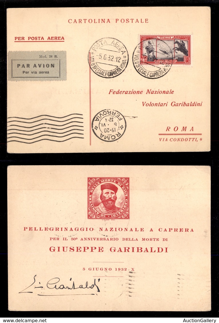 2383 POSTA AEREA - Volo Caprera-Roma 5.6.32 - 2,25 Lire + 1 (37) - Cartolina Garibaldi Con Autografo - Autres & Non Classés