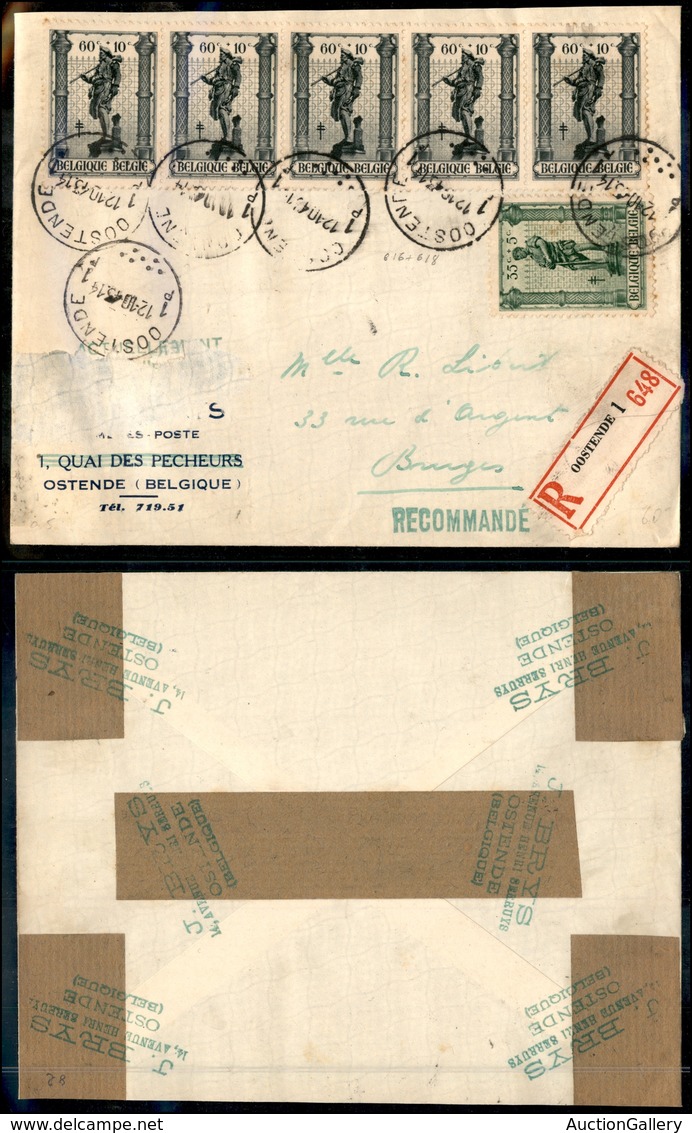 2477 BELGIO - Raccomandata Da Oostende A Bruges Del 12.10.43 Affrancata Con Una Striscia Di 5 Del 60 Cent + 10 Cent (uni - Other & Unclassified