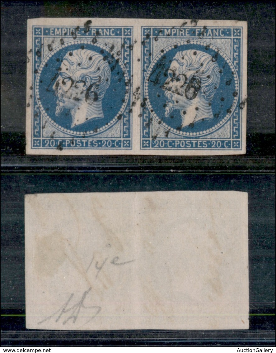 2508 FRANCIA - 1853 - 20 Cent Azzurro Su Rosa (unif. 14e) - Coppia - Usata - Molto Bella - Diena - Autres & Non Classés