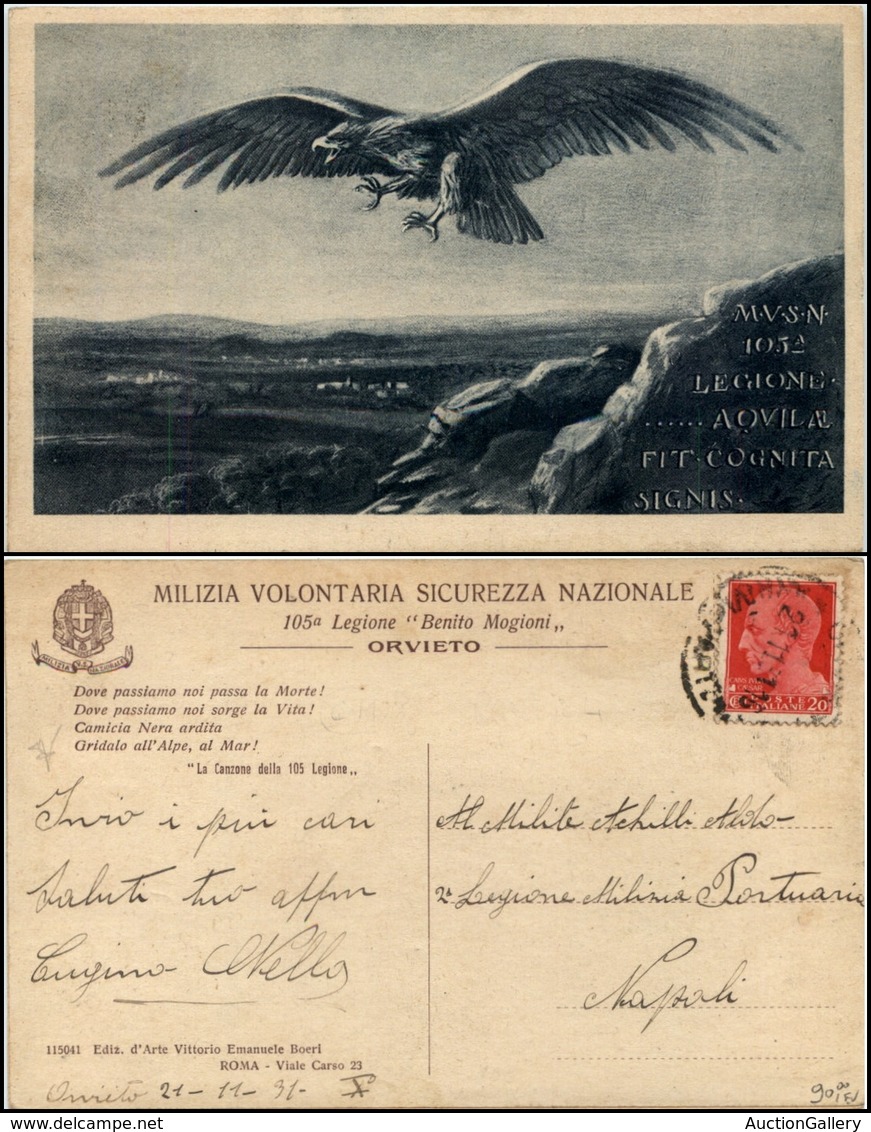 2798 CARTOLINE - MILITARI - 105° Legione "Benito Mogioni" Orvieto - Viaggiata 221.1.1931 - Other & Unclassified