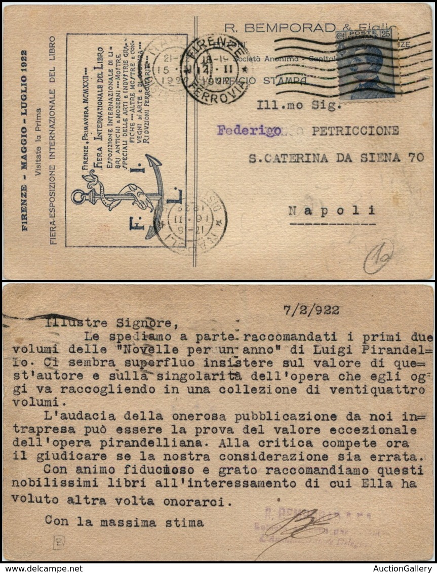 2950 CARTOLINE - PUBBLICITARIE - R.Bompard & Figli - Fiera Internazionale Del Libro Firenze - Viaggiata 14.2.1922 - Otros & Sin Clasificación