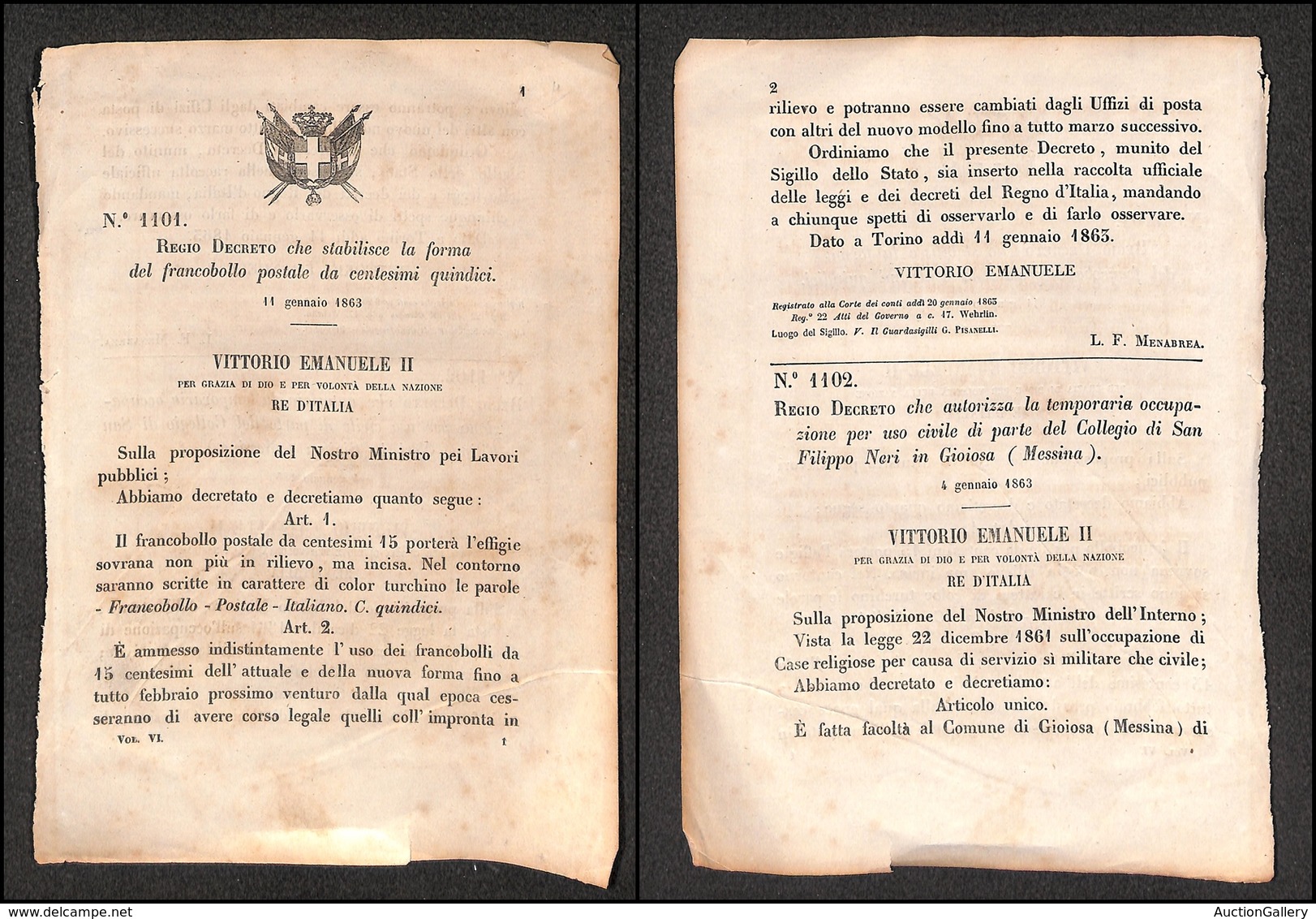 2983 VARIE - 1863 - Torino 11 Gennaio - Decreto Per L'emissione Del 15 Cent Litografico - 2 Facciate - Autres & Non Classés