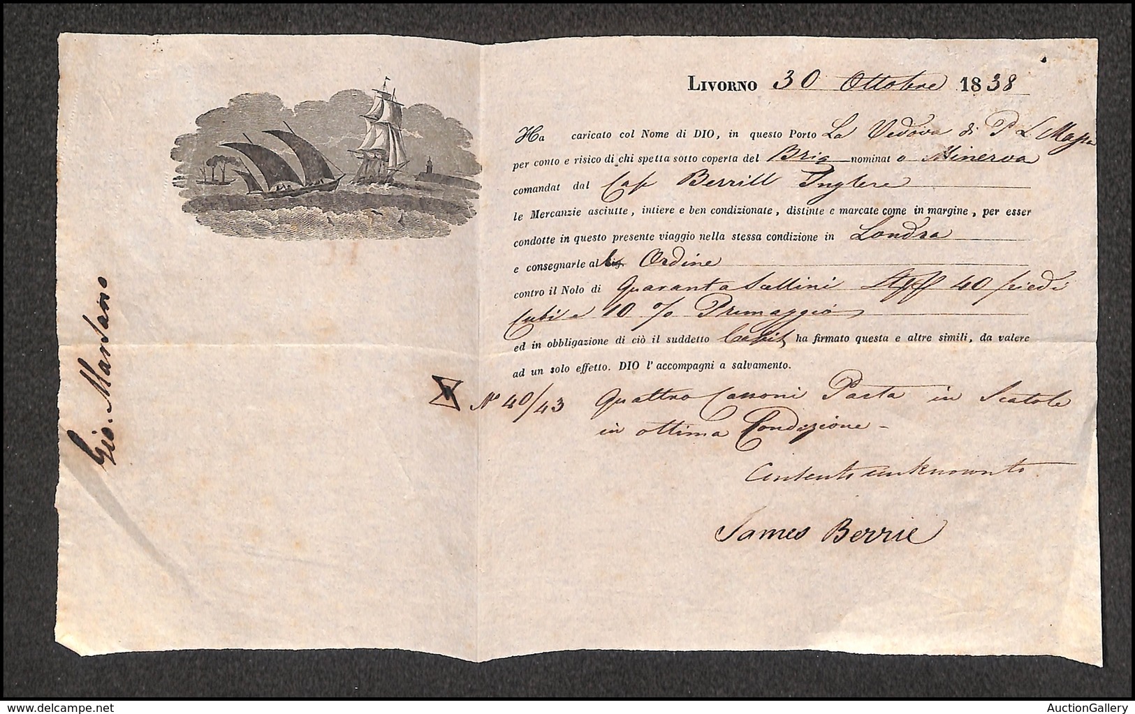 2985 VARIE - Polizza Di Carico Navale - Da Livorno A Londra Del 30.10.1838 - Other & Unclassified