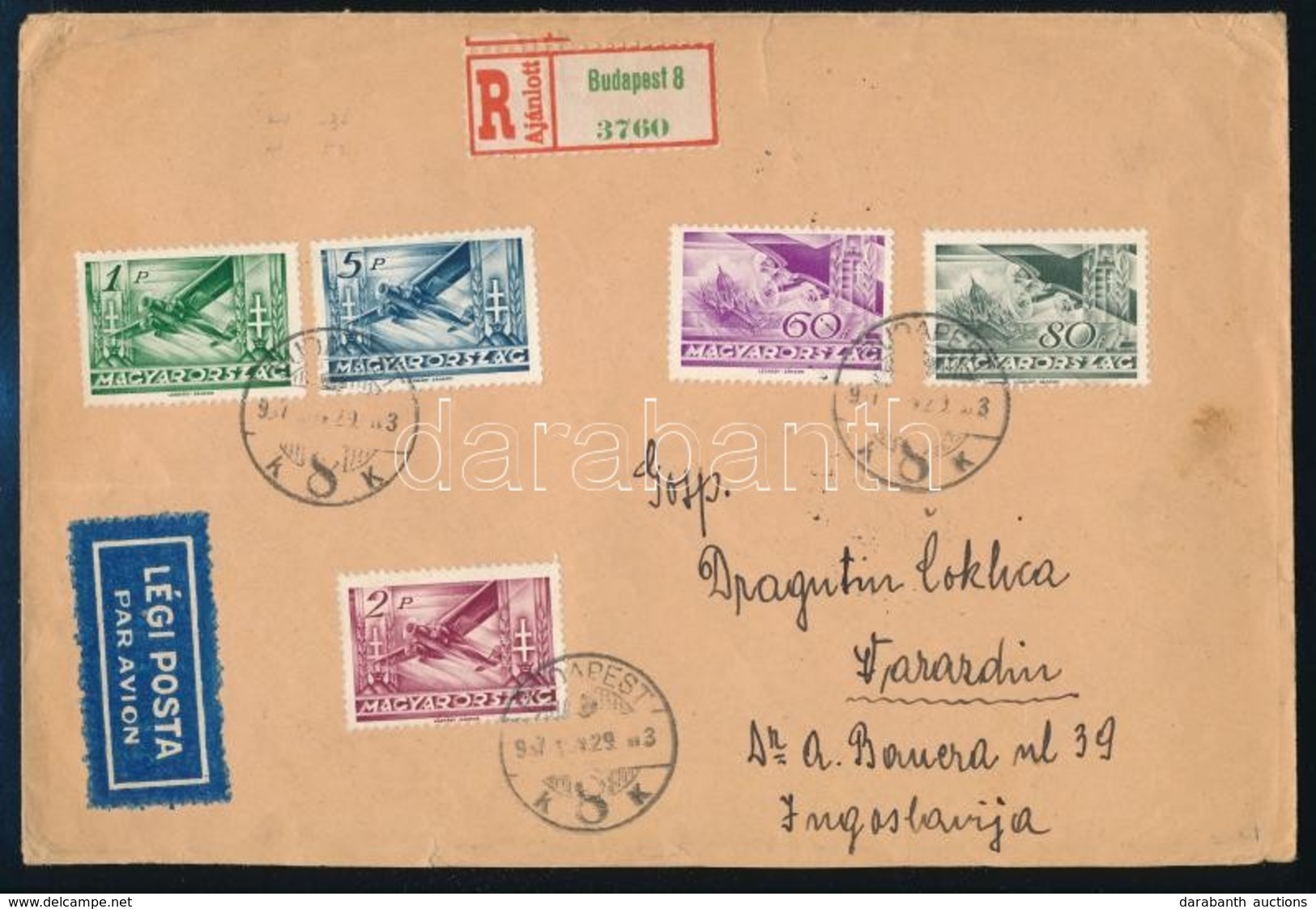 1937 Ajánlott Légi Levél 9,40P Bérmentesítéssel, érkezési Bélyegzéssel, 2 Levélzáróval.  / Registered Airmail Cover With - Autres & Non Classés