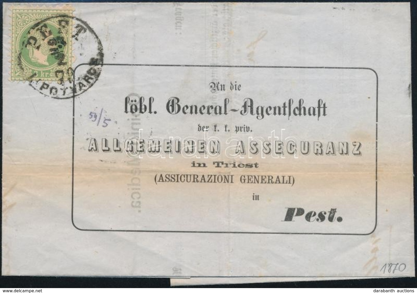 1870 3kr Helyi Levélen 'PEST LIPÓTVÁROS' - Autres & Non Classés