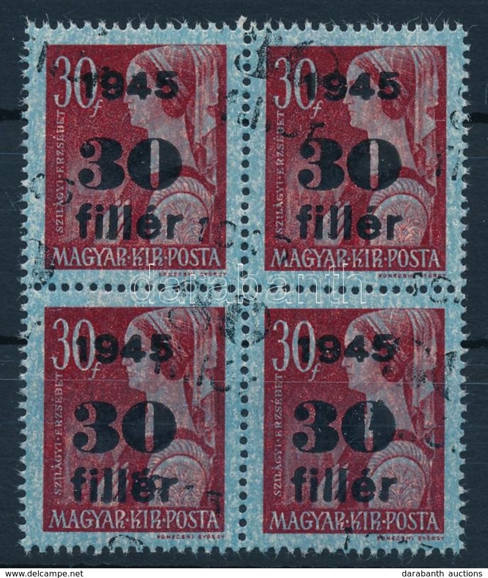 ** 1945 Kisegítő 30f/30f Négyestömb Kettős Felülnyomással. Látványos, Ritka Darab! / Mi 789 Block Of 4 With Double Overp - Autres & Non Classés