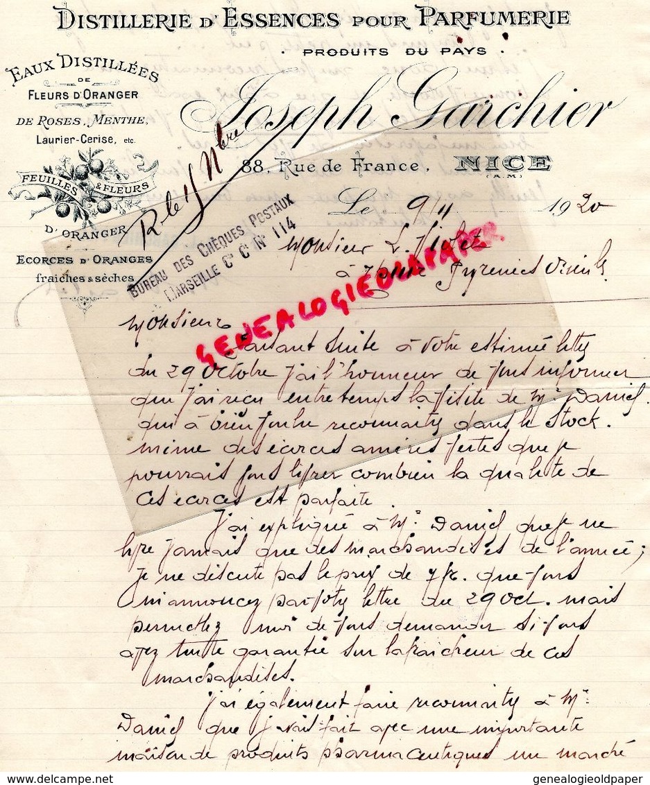 06-NICE-RARE LETTRE MANUSCRITE SIGNEE JOSEPH GARCHIER-DISTILLERIE DISTILLATEUR ESSENCES PARFUMERIE-PARFUMEUR-PARFUM-1920 - Perfumería & Droguería