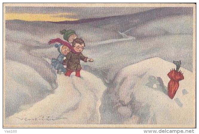 CPA SIGNED ILLUSTRATION, CASTELLI- CHILDRENS IN SNOW - Castelli