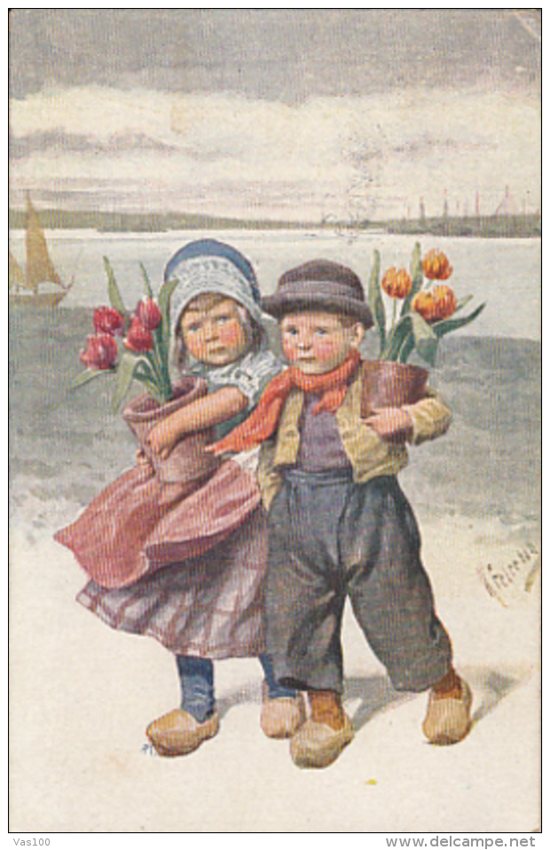 CPA SIGNED ILLUSTRATION, KARL FEIERTAG- BOY AND GIRLWITH TULIPS POT, CLOGS - Feiertag, Karl