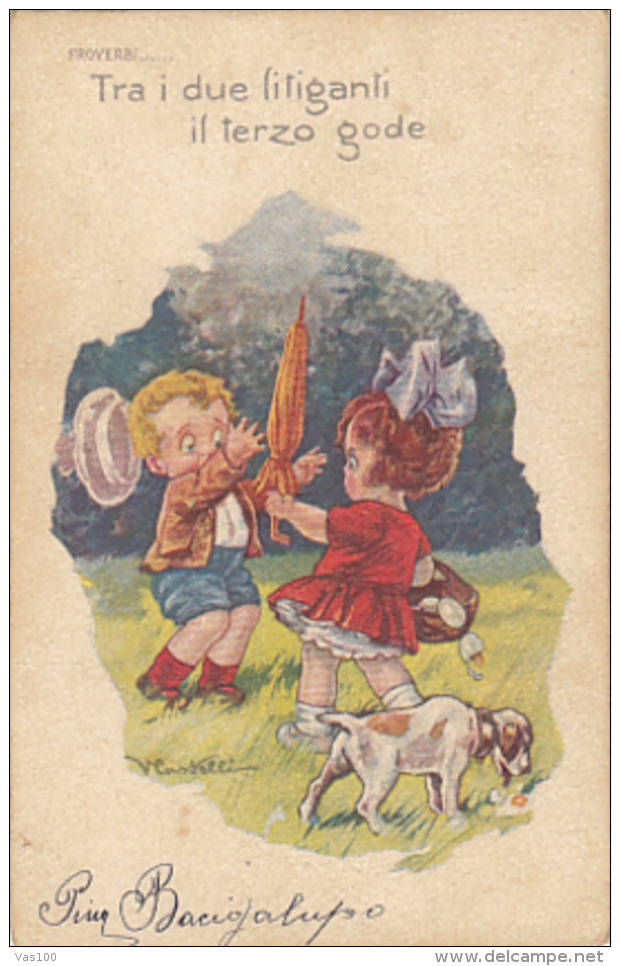 CPA SIGNED ILLUSTRATION, CASTELLI- BOI AND GIRL FIGHTING FOR UMBRELLA, DOG - Castelli