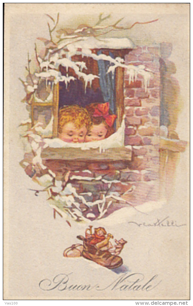 CPA SIGNED ILLUSTRATION, CASTELLI- BOY AND GIRL AT WINDOW, CHRISTMAS GIFTS, TOYS - Castelli