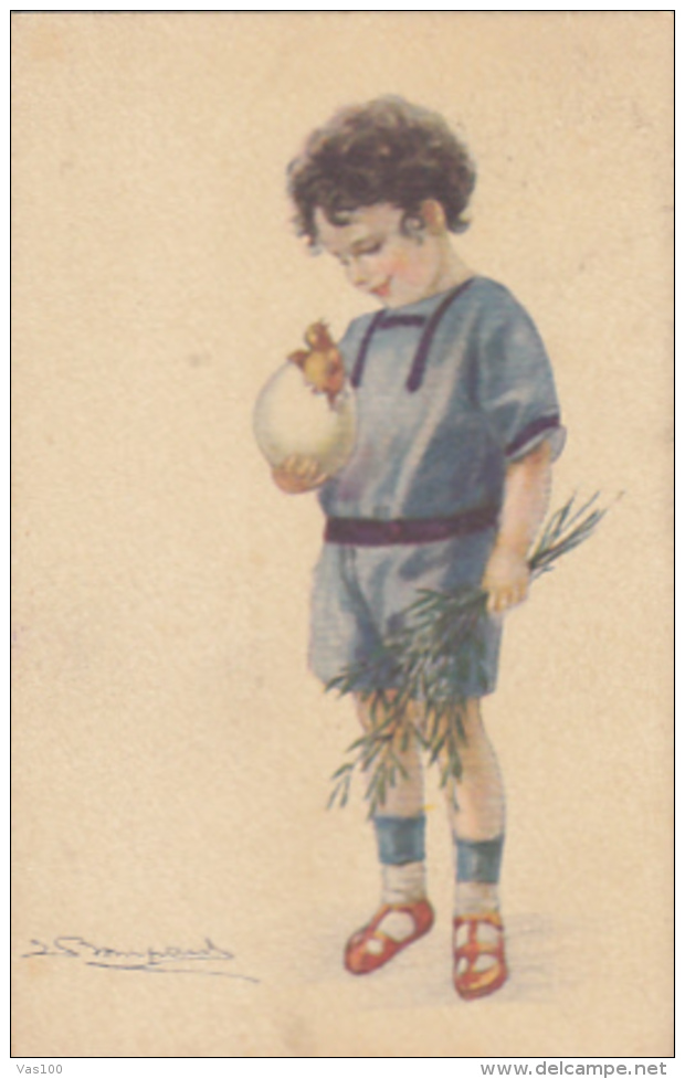CPA SIGNED ILLUSTRATION, S. BOMPARD- BOY WITH CHICK, EGG AND FLOWERS - Bompard, S.